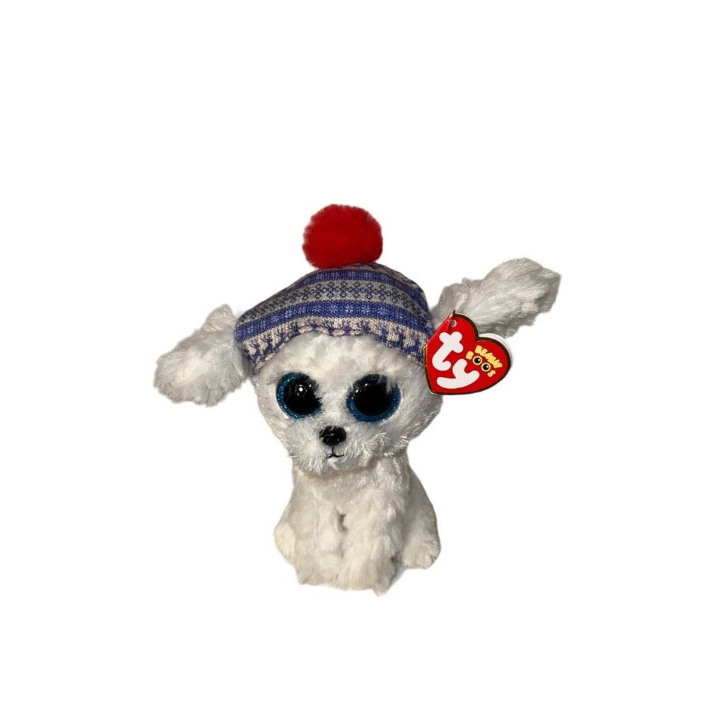 Ty Beanie Boos Sleighbell White Dog Plush Toy With Blue Hat & Red Pom